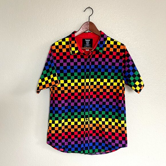 VTG Spencer's PRIDE Checkered Rainbow Button Down Short Sleeve Shirt Size SM - Picture 1 of 10